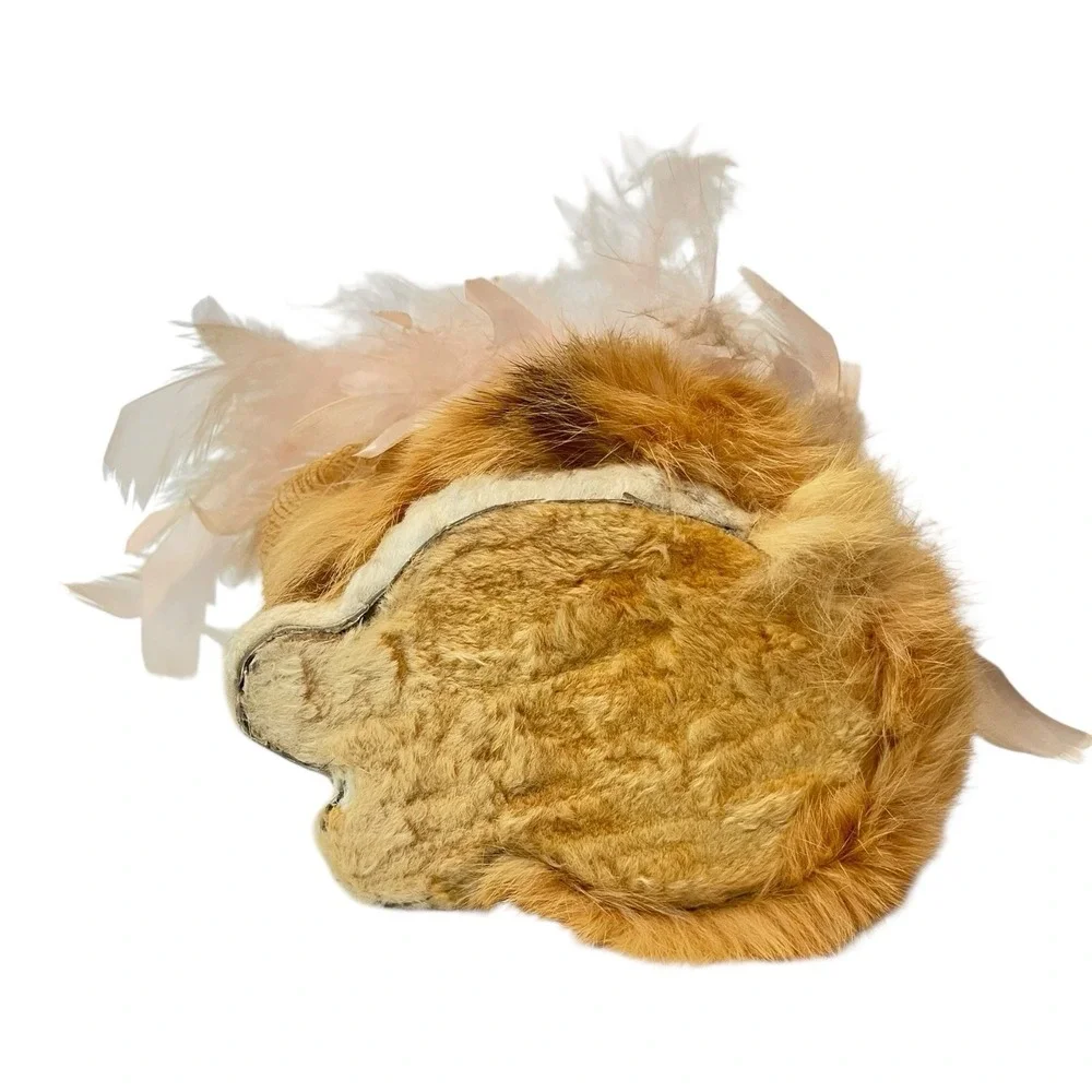 Vintage Genuine Rabbit Fur Fancy Cat Figure with Feather Hat & Pearl Necklace 8
